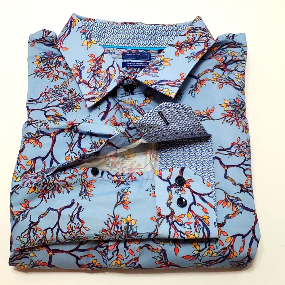 Nick Graham Blue Geometric Casual Long Sleeve Shirt 2XL Fall Tree Pattern